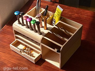 Wooden storage box for screwdrivers and tools