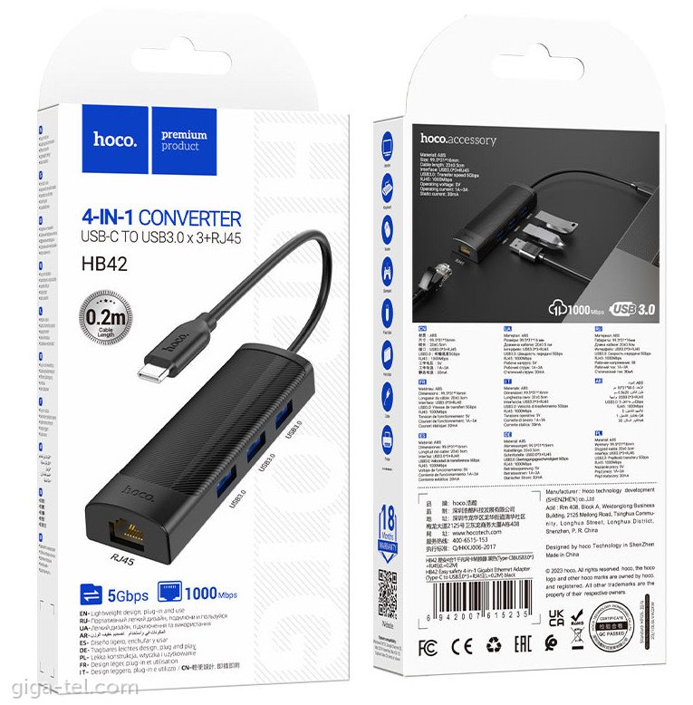 Hoco HB42 hub converter USB-C / 3xUSB3+RJ45