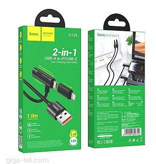 Hoco U135 data cable 2in1 black USB-A / USB-C or Lightning 