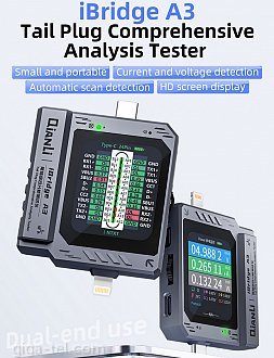     iBridge A3 tail plug comprehensive analysis tester, small and portable, current and voltage detection, automatic scan detection, HD screen display
    Support Lightning and Type-C interface devices, automatically locks charging faults, allowing one-step retest without worrying about deviations
    Auto-recognize and interface rotate it will start to test automatically and can set auto-recognition and auto-rotation in the system
    Easily monitor Type-C ports to detect current and voltage within 30V/5A, once the product is connected to the device to be tested, it will start to detect the current, voltage, D+, D-, CC1, CC2 lines
    Toggle the switch/pressing button, toggle the switch to change the detection and setting interface, press to confirm, and  long-press for 2 seconds to turn on/off the device
    Small and portable, HD screen display, built-in battery, detects without external power
    High-quality connector, after rigorous plug-and-unplug testing, the contact remains highly responsive